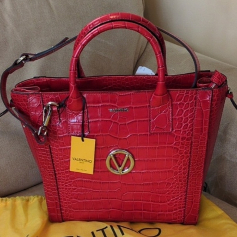 ❤️ Valentino by Mario Valentino Charmont Poppy Red Croc Leather Tote RARE